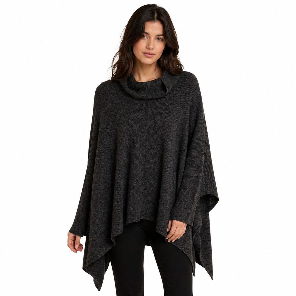 Self Contrast Sweater Womens Large Gray Cowl Neck Poncho Cape Pullover